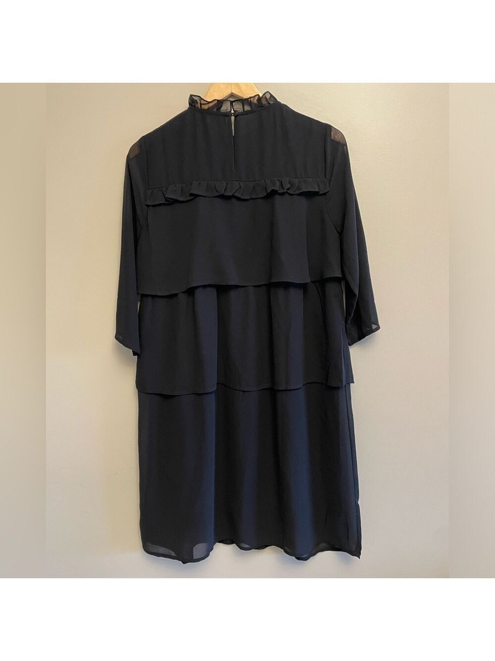 ICHI Black Ruffled Tiered Quarter Sleeve Mandarin Collar Blouse Size 36 - Picture 7 of 8